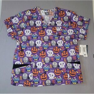 Butter-Soft Originals Size 3XL Halloween Scrub Top Purple Skulls Jack O Lanterns